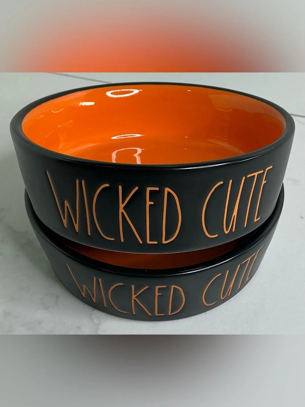 2 Rae Dunn Food Water Bowl Wicked Cute Dog Cat Small Ceramic Halloween Orange